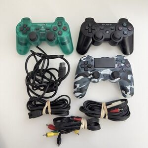 Sony PS2 PS3 PS4 Controllers Wireless Wired Green Black Camo Lot Of 3 UNTESTED